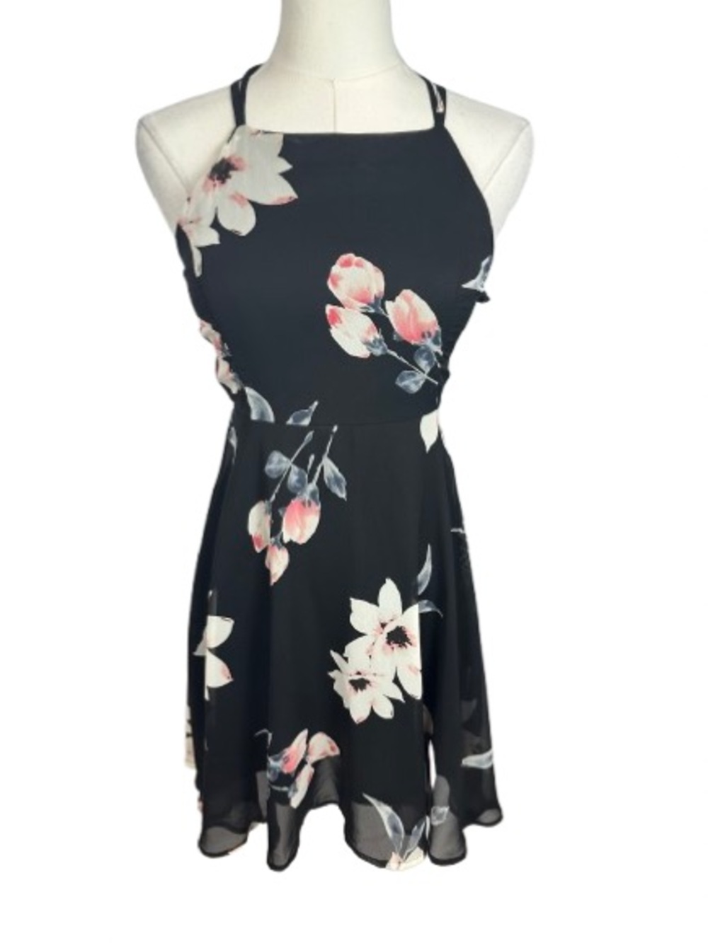 Lulu's Navy Halter Mini Dress with Pink Floral Print Size S *Flaw*